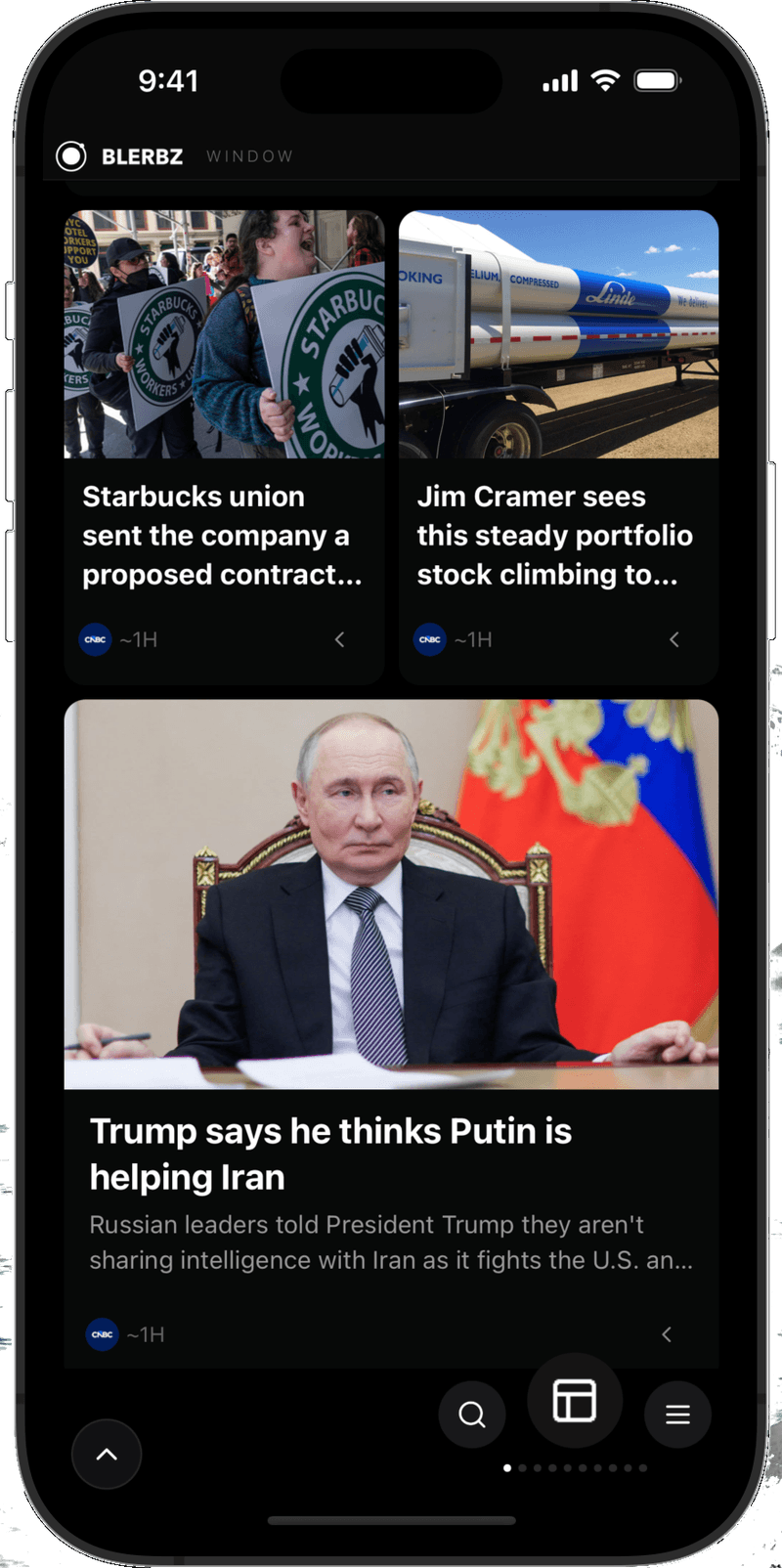 Blerbz-App — Window-Nachrichtenfeed